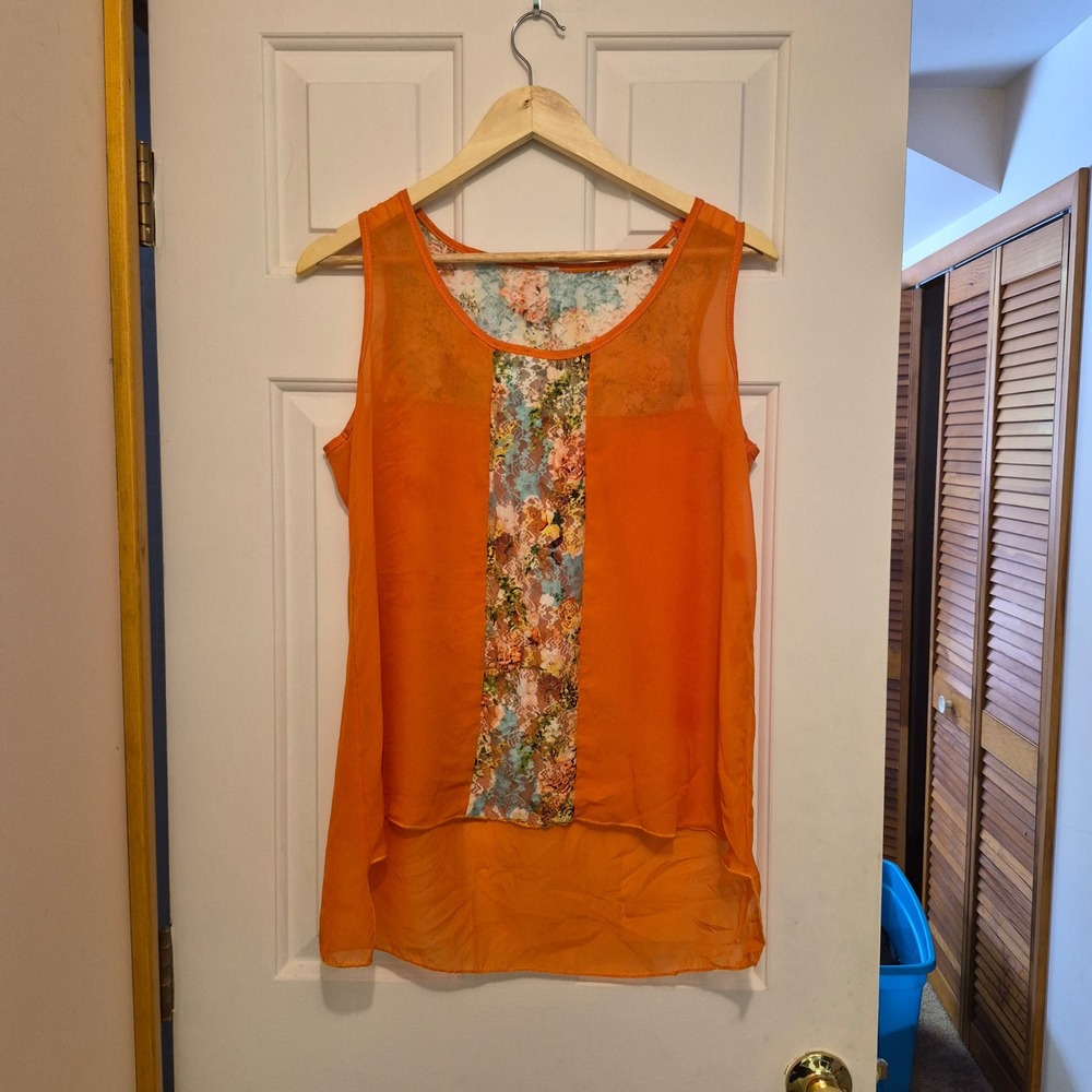 Orange Chiffon High Low‎ Tank Top Floral Lace Inset Sleeveless Blouse Womens